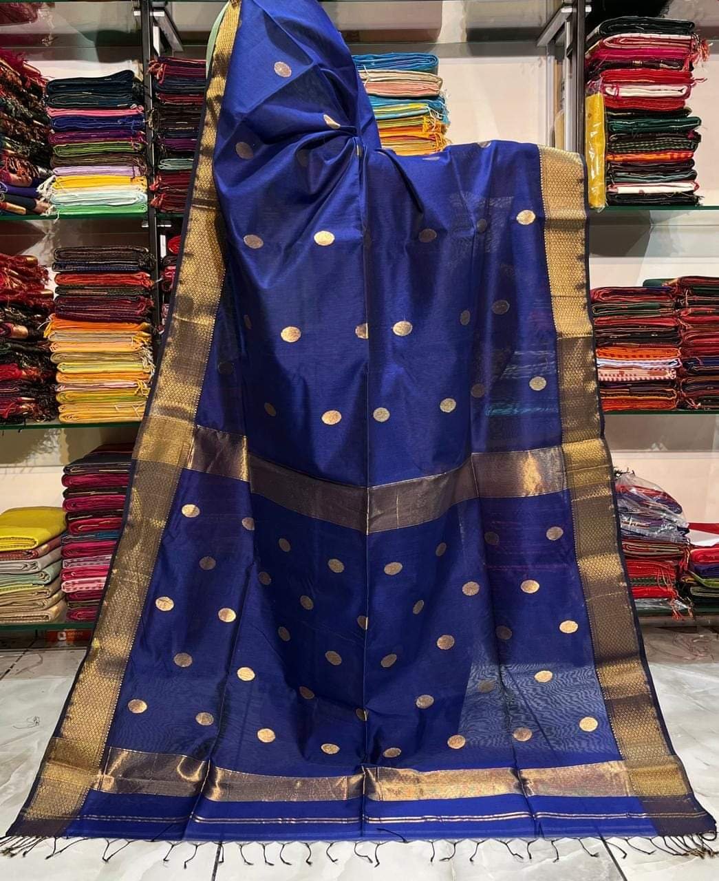 Maheshwari Design Handloom Cotton Silk Sari with Blouse Piece - Blue