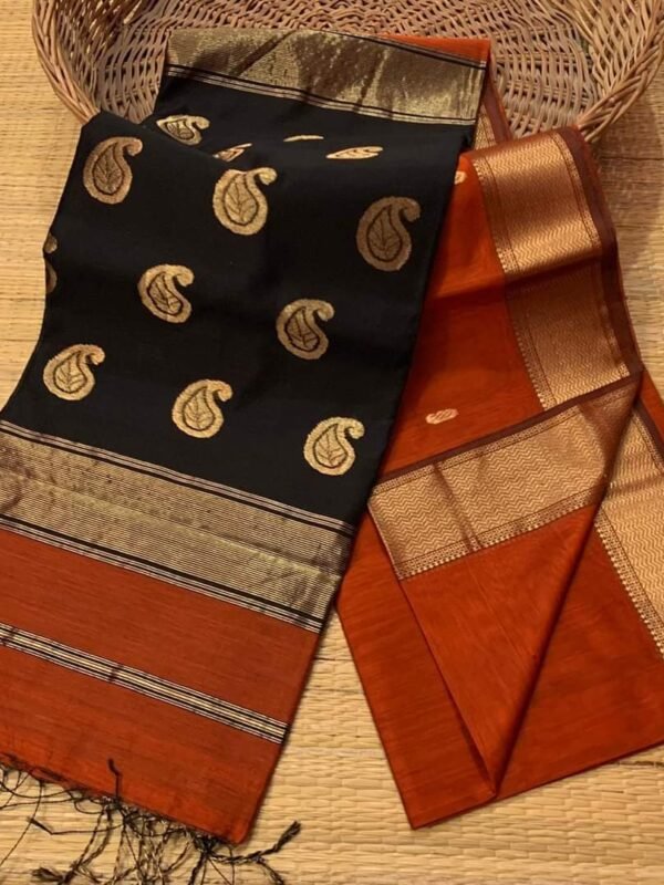 Maheshwari Design Handloom Cotton Silk Sari with Blouse Piece - Brown Red