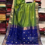 Maheshwari Design Handloom Cotton Silk Sari with Blouse Piece - Camo Green