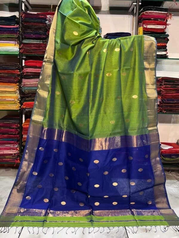 Maheshwari Design Handloom Cotton Silk Sari with Blouse Piece - Camo Green