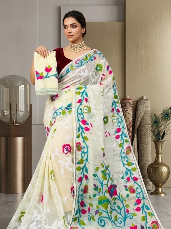 Lota Pata Soft Dhakai Jamdani Saree with Blouse Piece - Cream