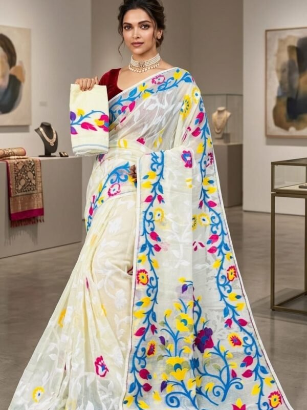 Lota Pata Soft Dhakai Jamdani Saree with Blouse Piece - Cream