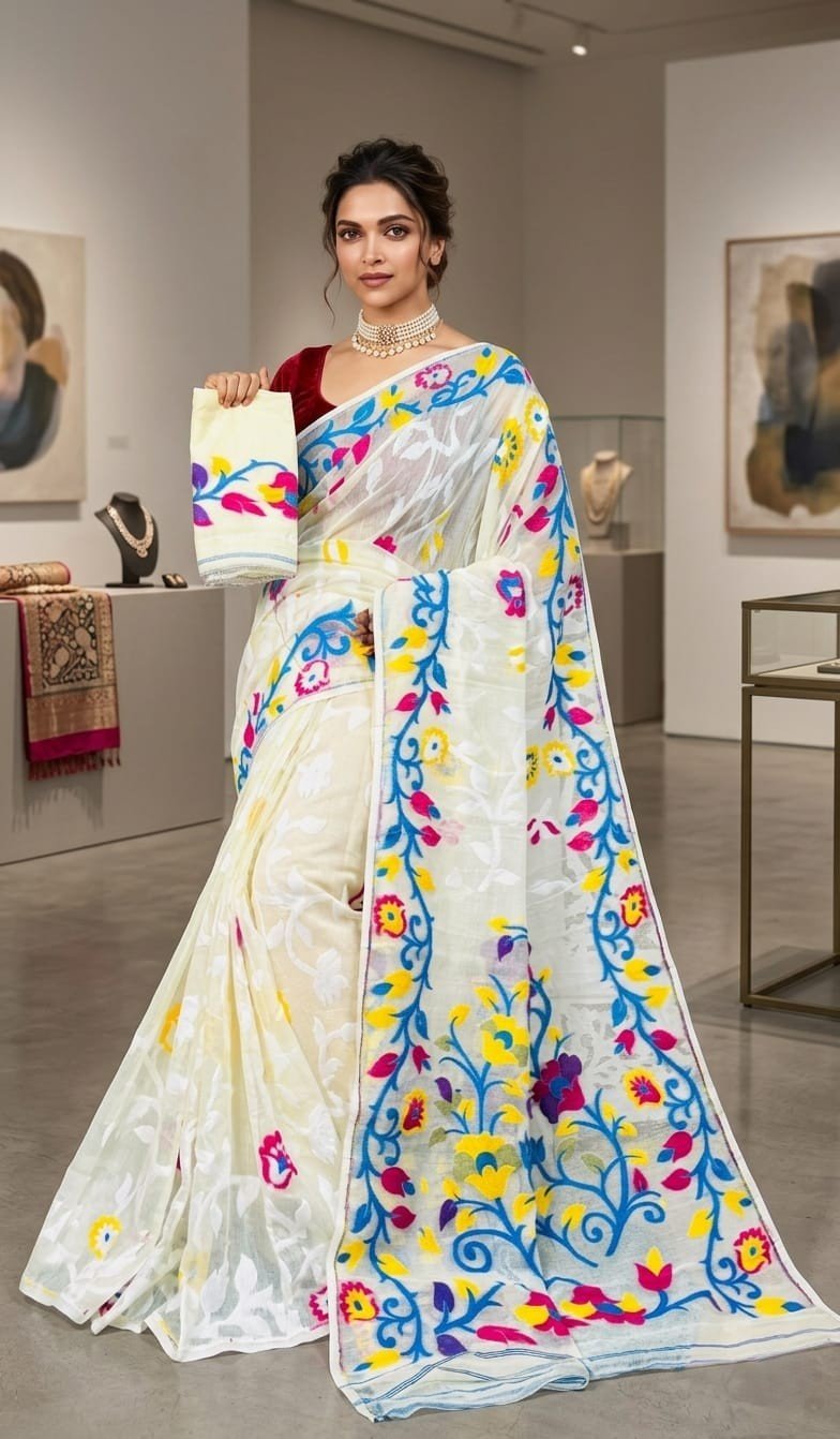 Lota Pata Soft Dhakai Jamdani Saree with Blouse Piece - Cream