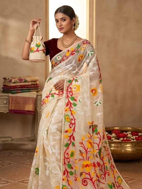 Lota Pata Soft Dhakai Jamdani Saree with Blouse Piece - Dark Cream