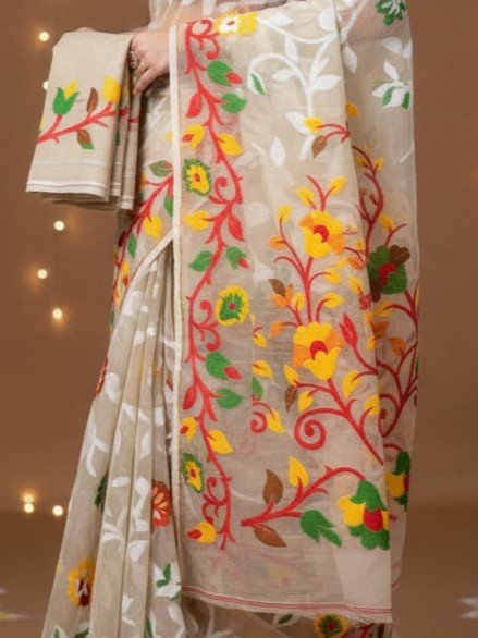Lota Pata Soft Dhakai Jamdani Saree with Blouse Piece - Dark Cream