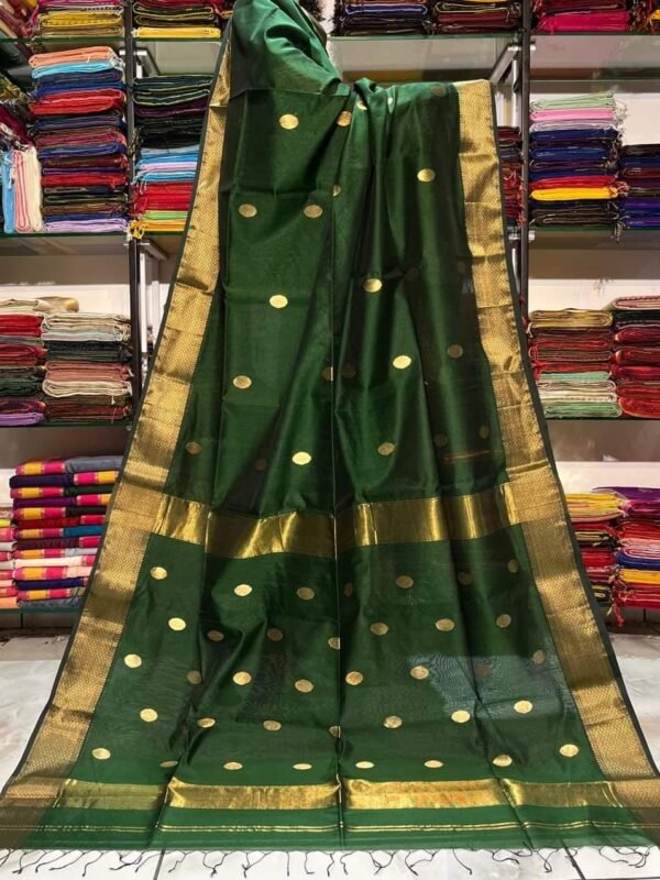 Maheshwari Design Handloom Cotton Silk Sari with Blouse Piece - Dark Green
