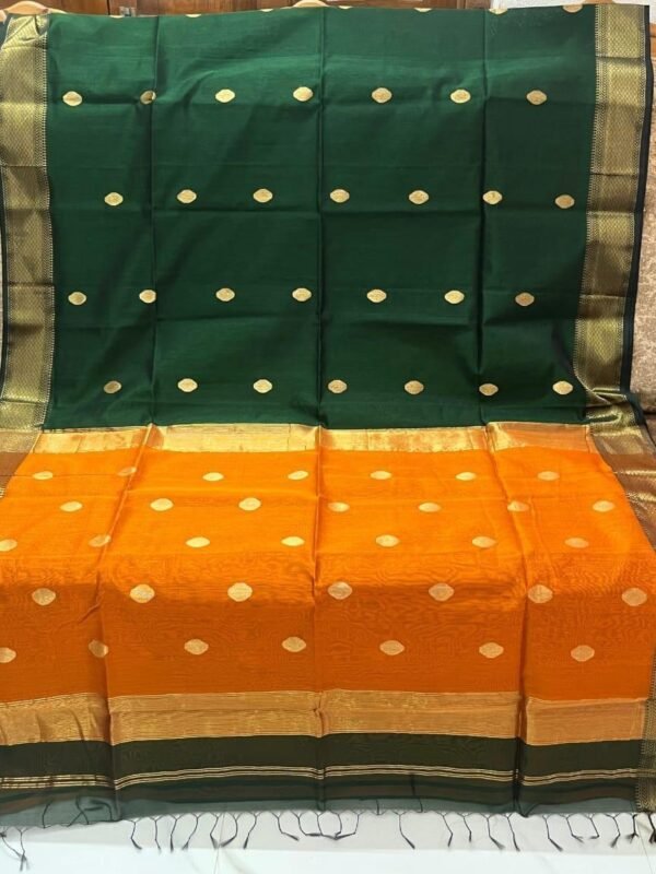 Maheshwari Design Handloom Cotton Silk Sari with Blouse Piece - Dark Green