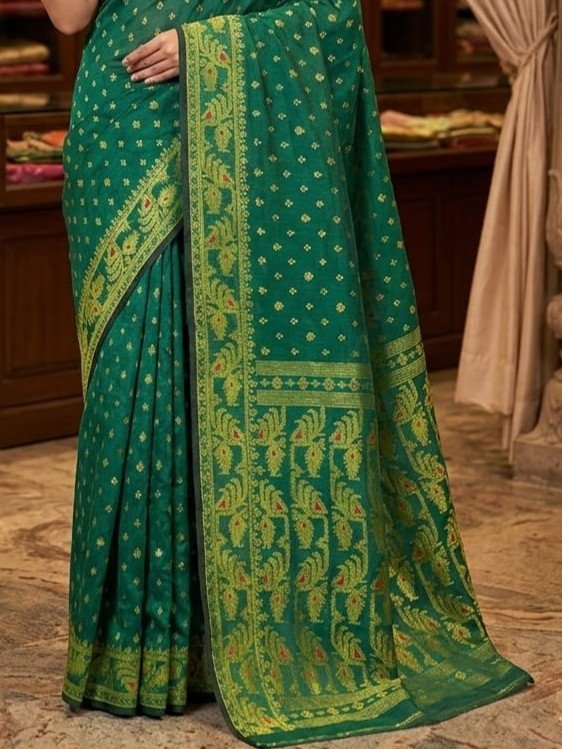 Allover Buti Soft Dhakai Jamdani Sari with Blouse Piece - Bottle Green
