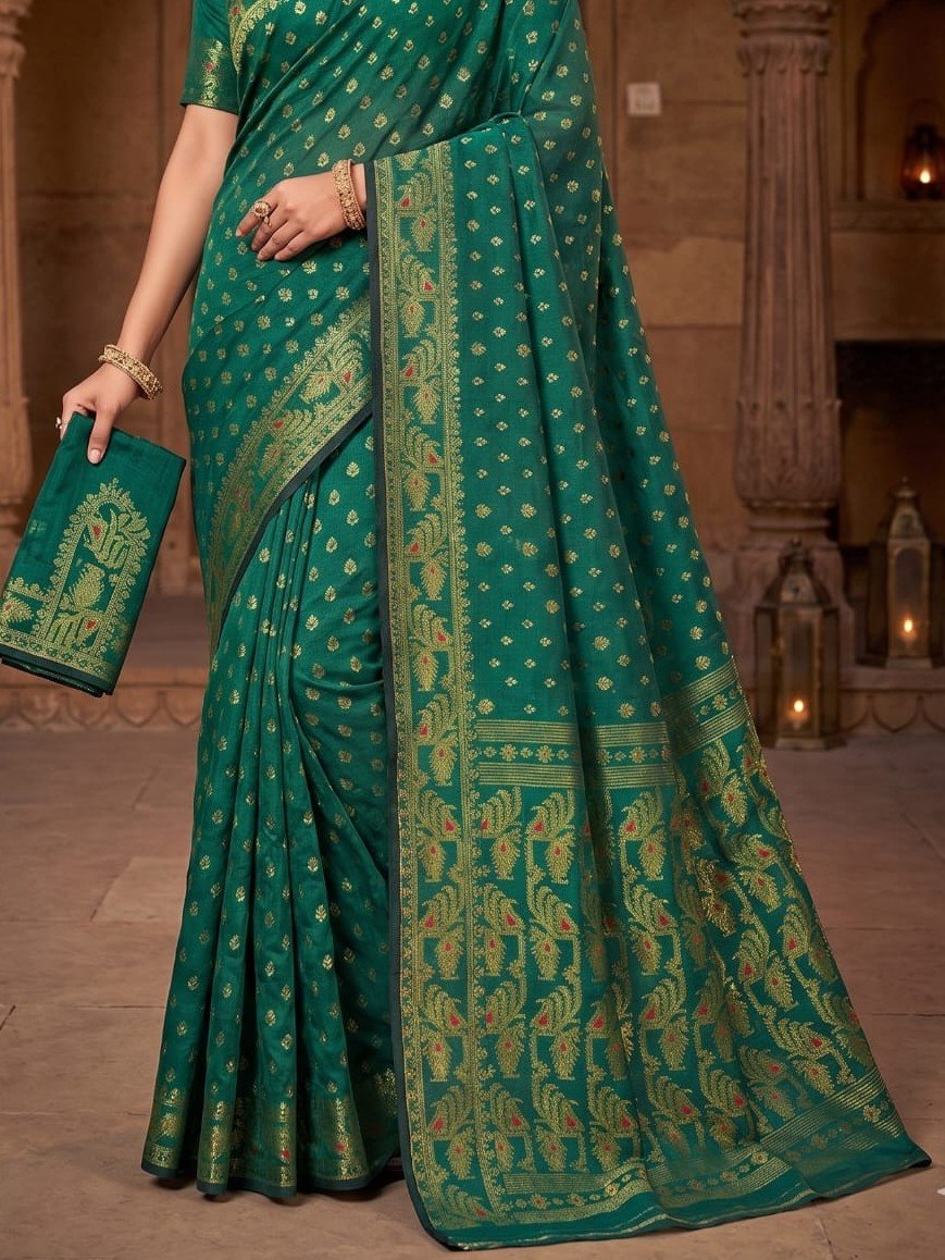 Allover Buti Soft Dhakai Jamdani Sari with Blouse Piece - Bottle Green