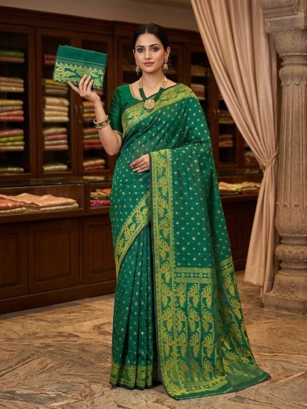Allover Buti Soft Dhakai Jamdani Sari with Blouse Piece - Bottle Green