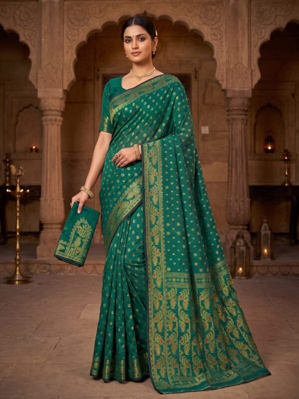 Allover Buti Soft Dhakai Jamdani Sari with Blouse Piece - Bottle Green