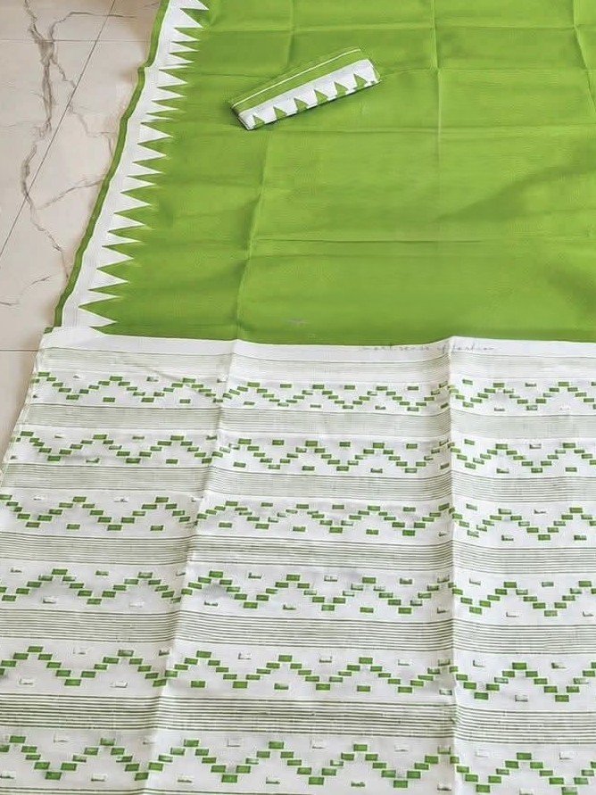 Body Plain Soft Dhakai Jamdani Saree with Blouse Piece - Dark Sea Green