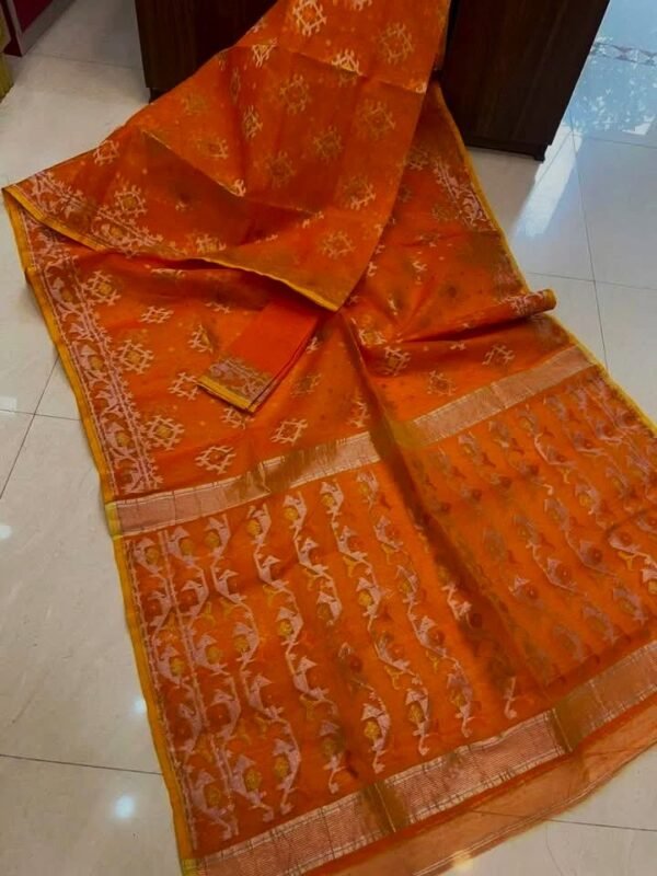 Deep Orange Soft Joriwork Jamdani Sari With Blouse Piece