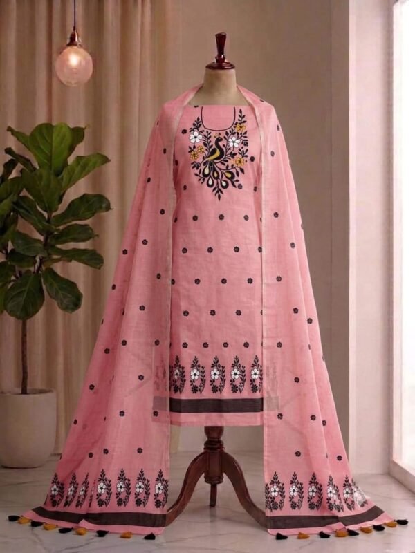 Peacock Design Unstitched Soft 2 Piece Salwar Set - Dirty Pink