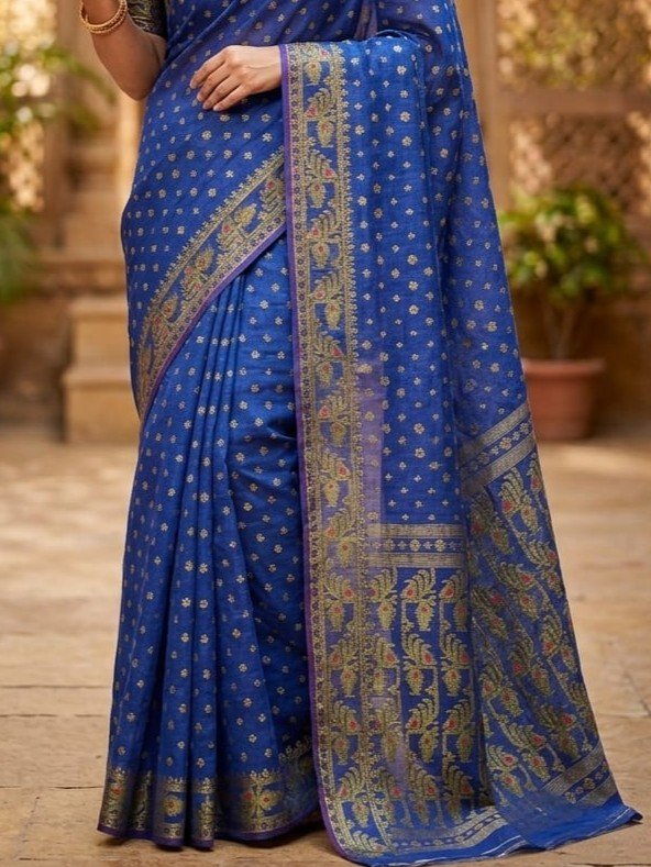 Allover Buti Soft Dhakai Jamdani Sari with Blouse Piece - Dusk Blue