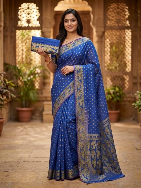 Allover Buti Soft Dhakai Jamdani Sari with Blouse Piece - Dusk Blue