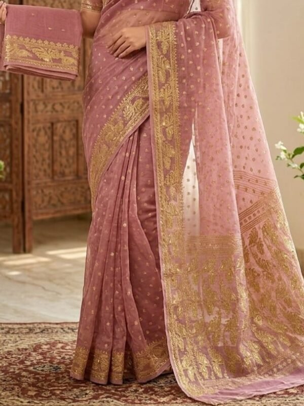 Allover Buti Soft Dhakai Jamdani Sari with Blouse Piece - Dusty Rose