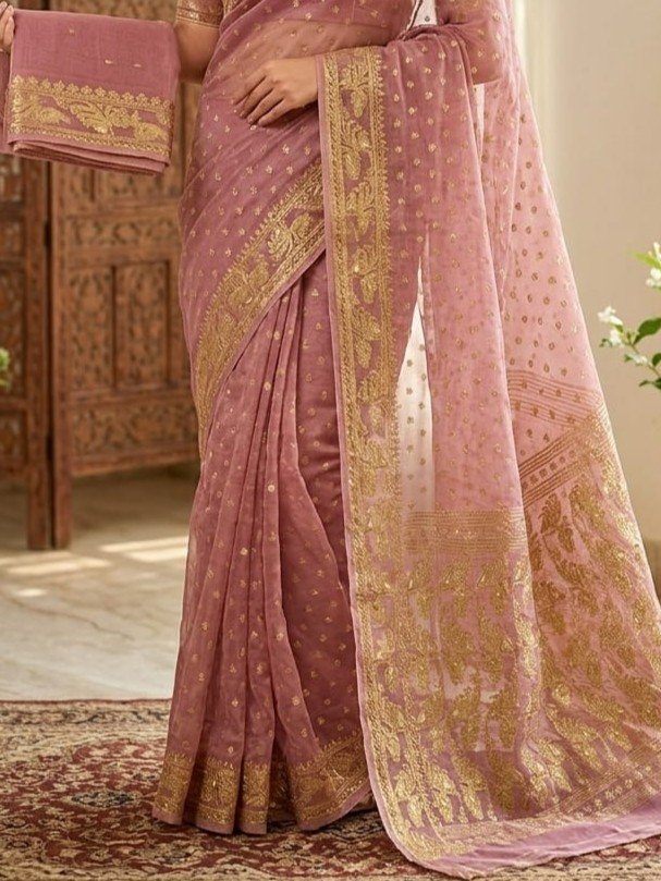 Allover Buti Soft Dhakai Jamdani Sari with Blouse Piece - Dusty Rose