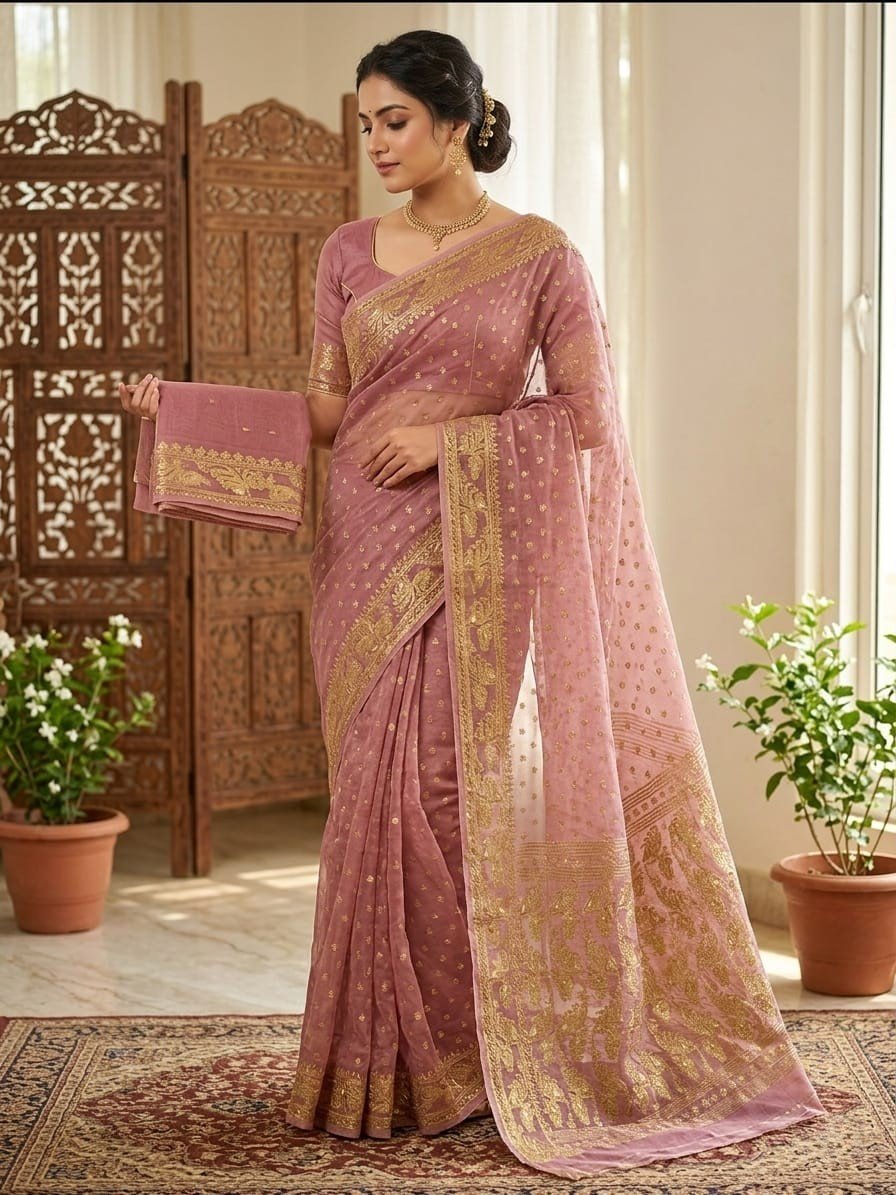 Allover Buti Soft Dhakai Jamdani Sari with Blouse Piece - Dusty Rose
