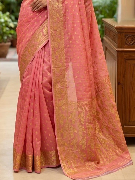 Allover Buti Soft Dhakai Jamdani Sari with Blouse Piece - Dusty Rose