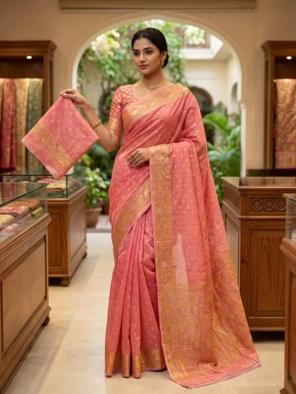 Allover Buti Soft Dhakai Jamdani Sari with Blouse Piece - Dusty Rose