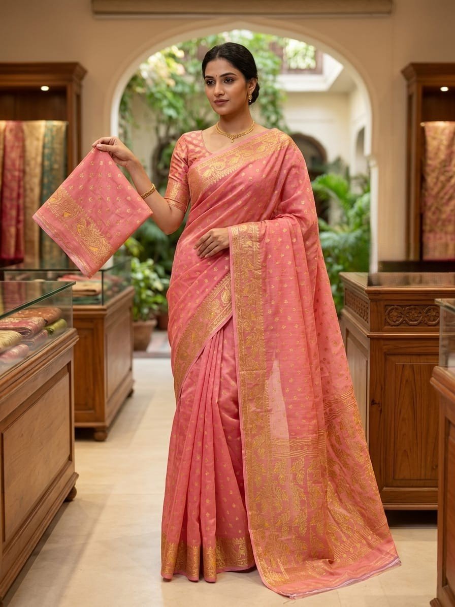 Allover Buti Soft Dhakai Jamdani Sari with Blouse Piece - Dusty Rose