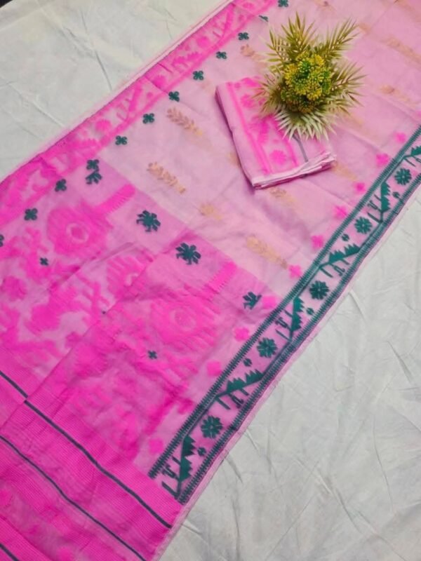Shiuli Korat Soft Dhakai Jamdani Saree with Blouse Piece - Faded Pink