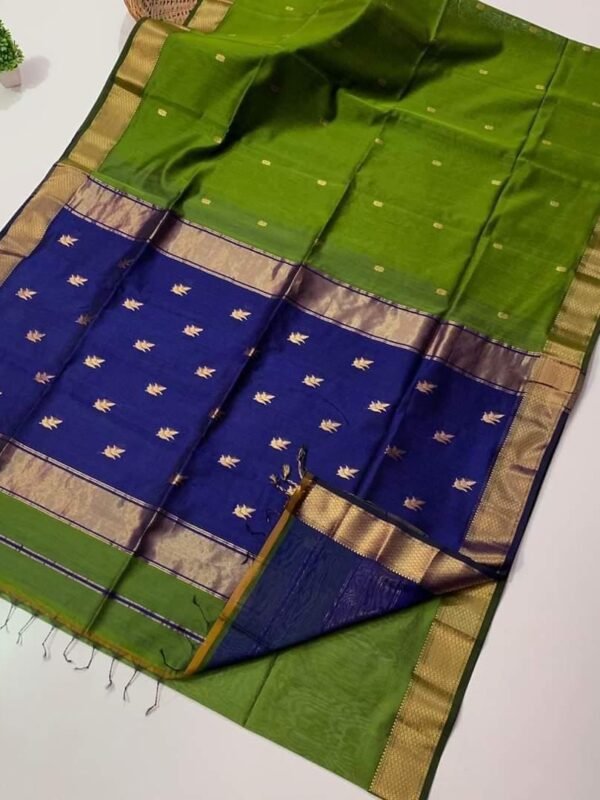 Maheshwari Design Handloom Cotton Silk Sari with Blouse Piece - Green Leaf