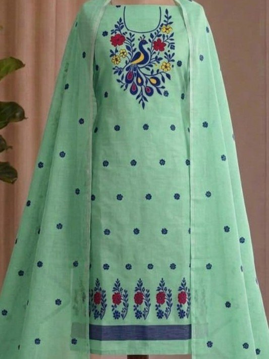 Peacock Design Unstitched Soft 2 Piece Salwar Set - Greenish Grey