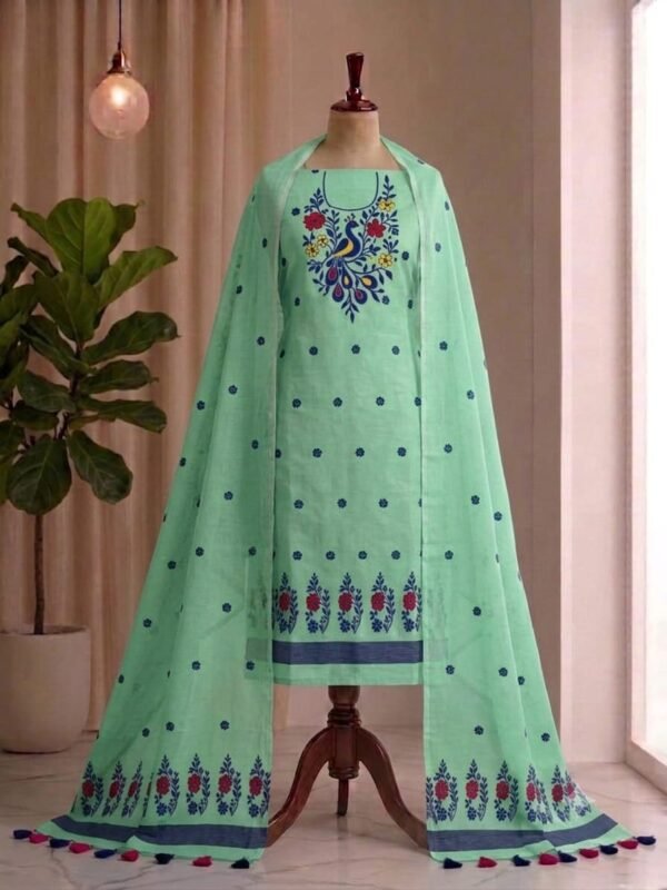 Peacock Design Unstitched Soft 2 Piece Salwar Set - Greenish Grey