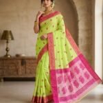 Nokshimala Design Soft Dhakai Jamdani Sari with Blouse Piece - Greenish Tan