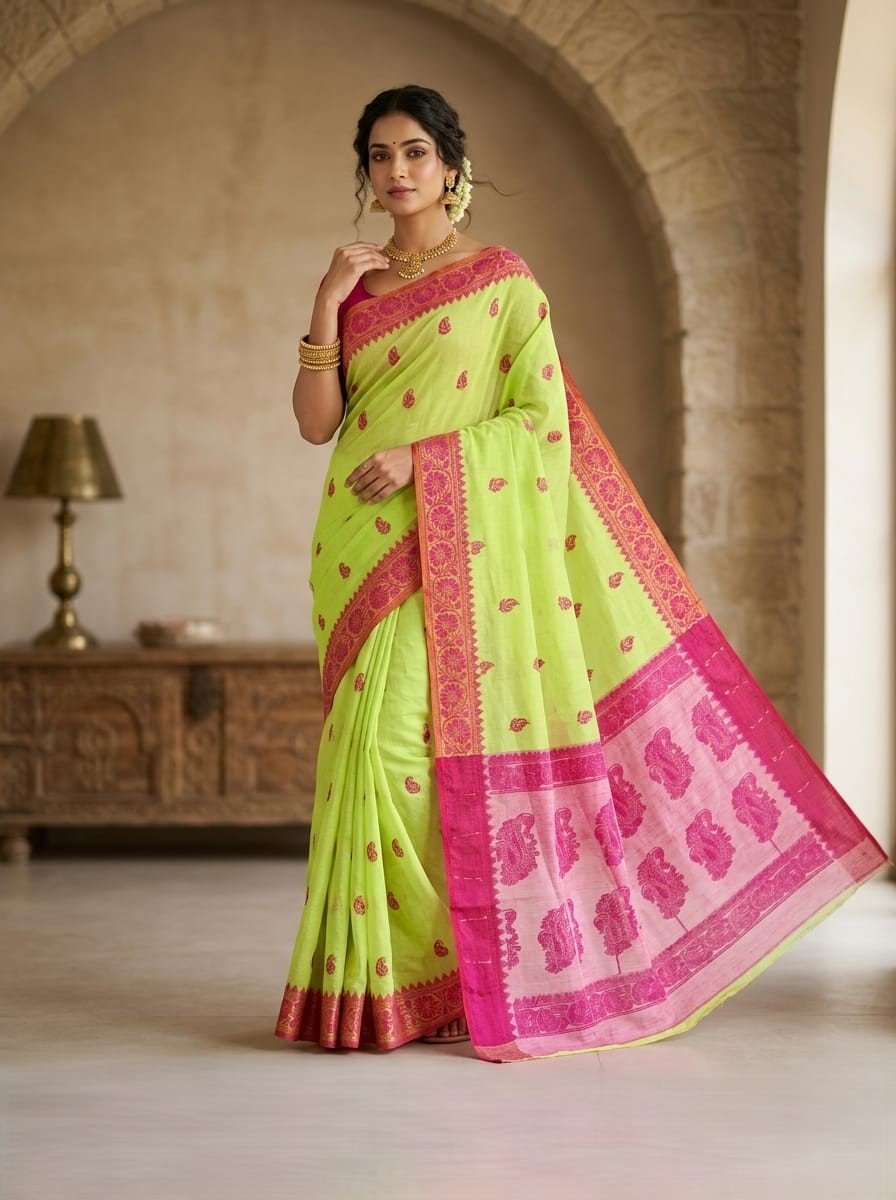Nokshimala Design Soft Dhakai Jamdani Sari with Blouse Piece - Greenish Tan
