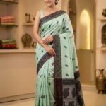 Nokshimala Design Soft Dhakai Jamdani Sari with Blouse Piece - Greeny Grey