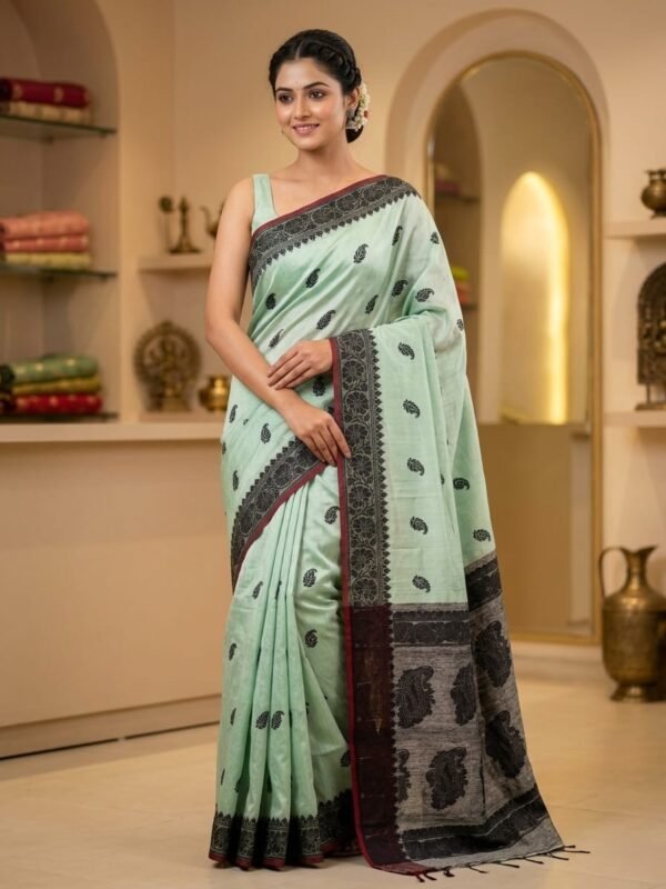 Nokshimala Design Soft Dhakai Jamdani Sari with Blouse Piece - Greeny Grey