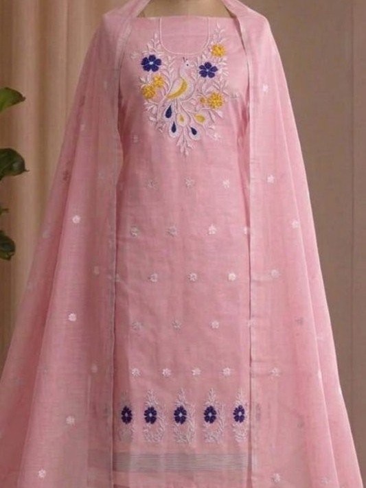 Peacock Design Unstitched Soft 2 Piece Salwar Set - Grey Pink