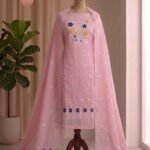 Peacock Design Unstitched Soft 2 Piece Salwar Set - Grey Pink