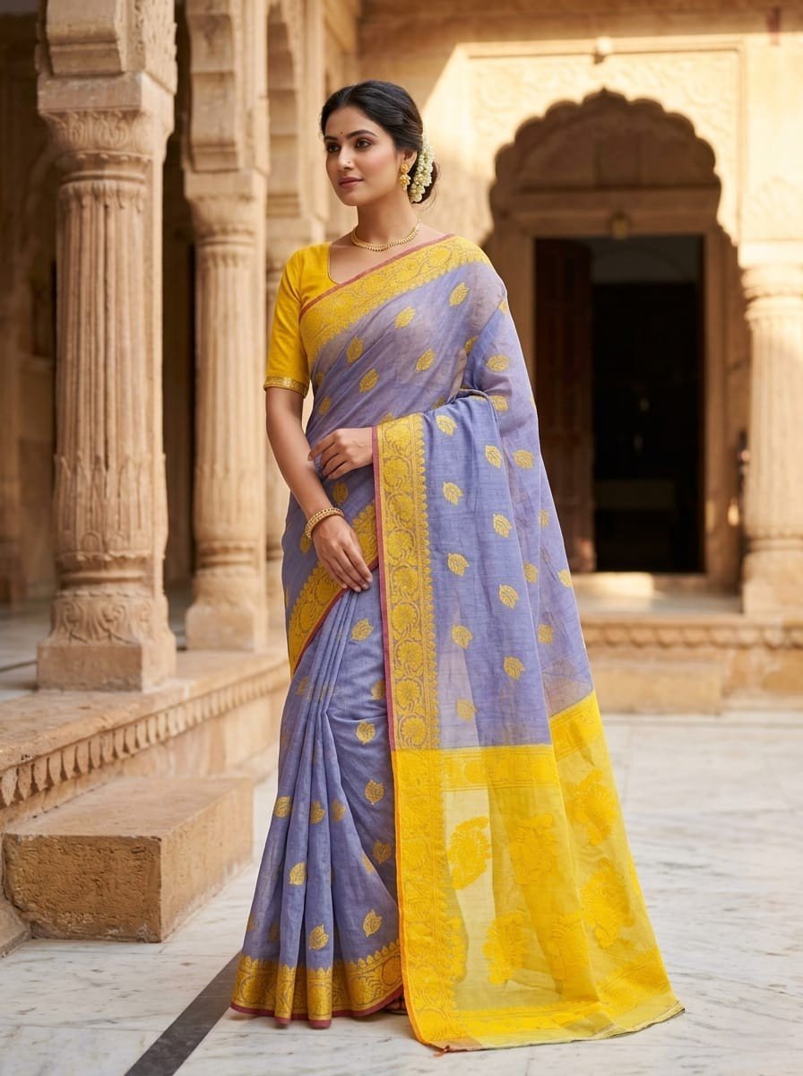 Nokshimala Design Soft Dhakai Jamdani Sari with Blouse Piece - Lavender Purple