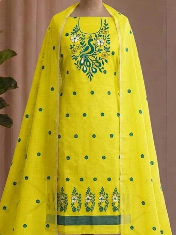 Peacock Design Unstitched Soft 2 Piece Salwar Set - Lemon