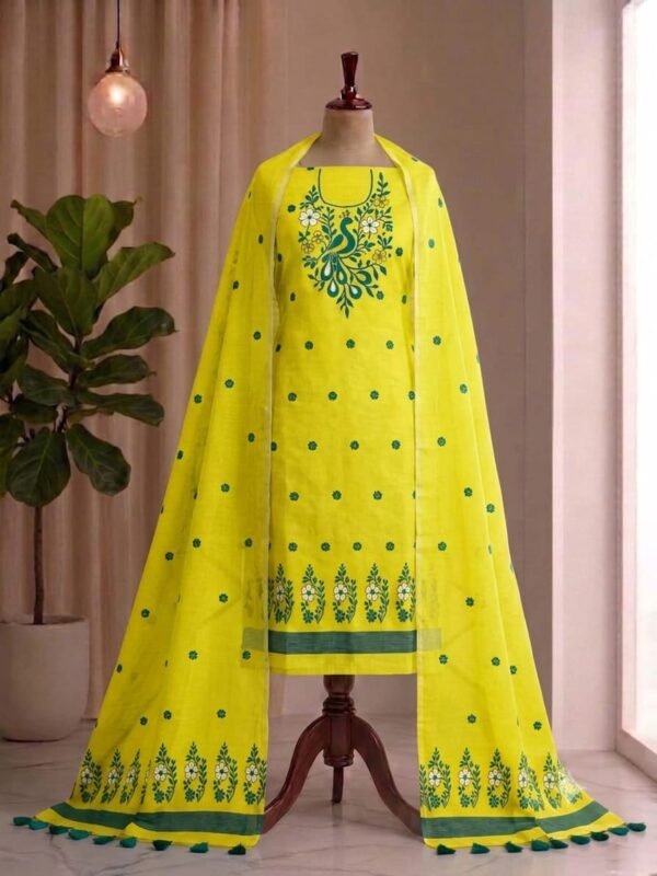 Peacock Design Unstitched Soft 2 Piece Salwar Set - Lemon