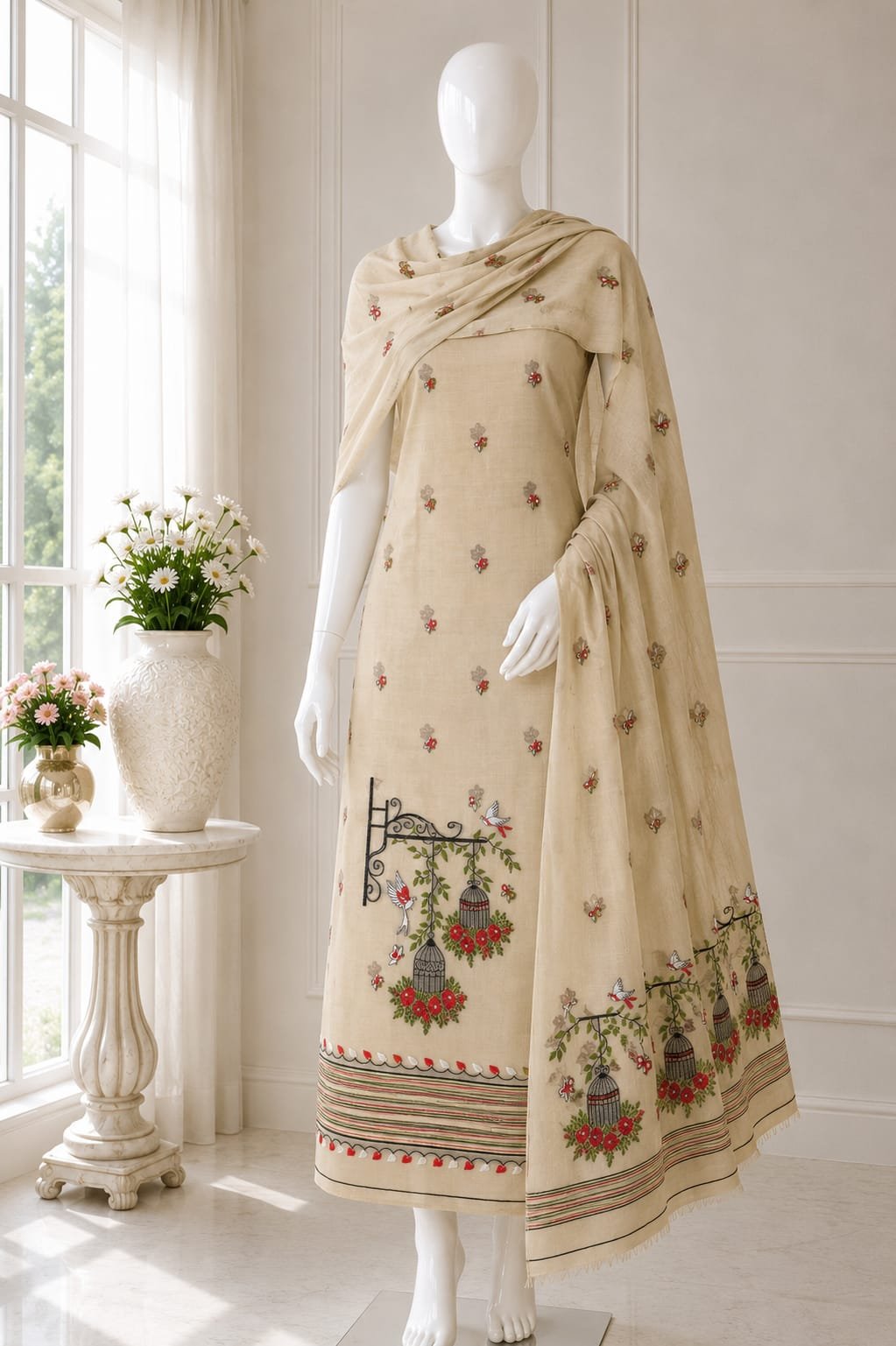 2 Piece Unstitched Soft Salwar Set - Light Cream