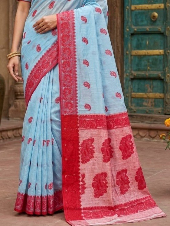 Nokshimala Design Soft Dhakai Jamdani Sari with Blouse Piece - Light Grey Blue
