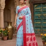 Nokshimala Design Soft Dhakai Jamdani Sari with Blouse Piece - Light Grey Blue