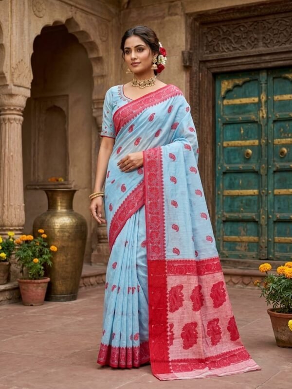 Nokshimala Design Soft Dhakai Jamdani Sari with Blouse Piece - Light Grey Blue