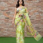 Lota Pata Soft Dhakai Jamdani Saree with Blouse Piece - Light Olive Green