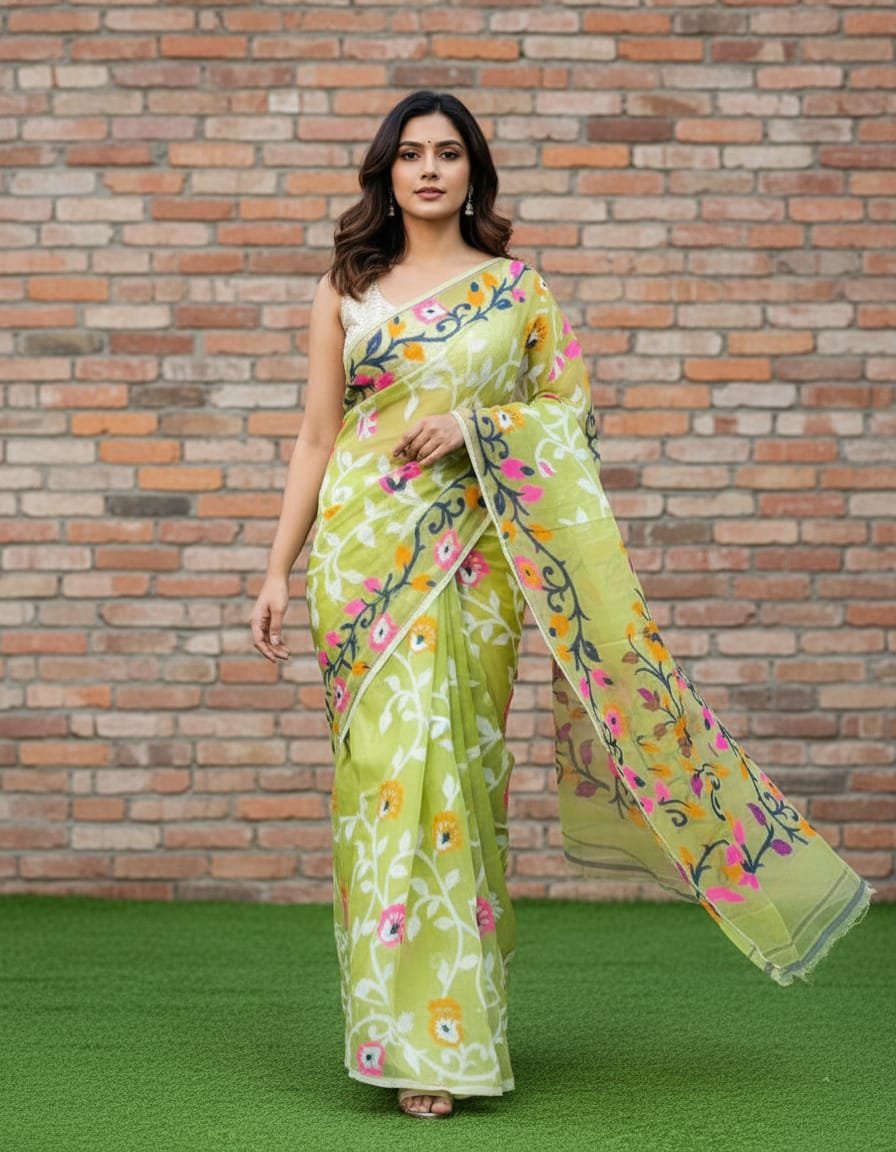 Lota Pata Soft Dhakai Jamdani Saree with Blouse Piece - Light Olive Green