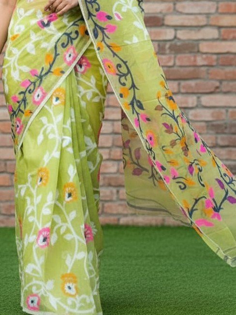 Lota Pata Soft Dhakai Jamdani Saree with Blouse Piece - Light Olive Green