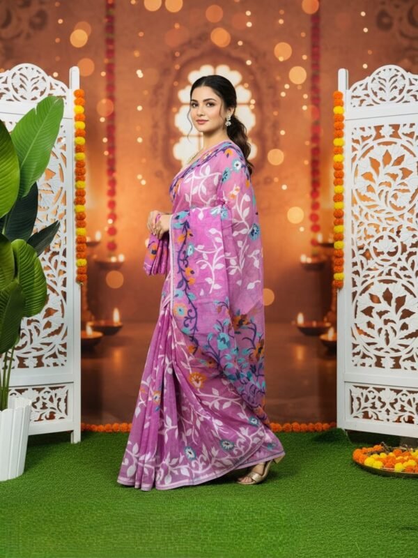 Lota Pata Soft Dhakai Jamdani Saree with Blouse Piece - Light Plum