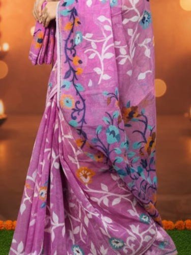 Lota Pata Soft Dhakai Jamdani Saree with Blouse Piece - Light Plum