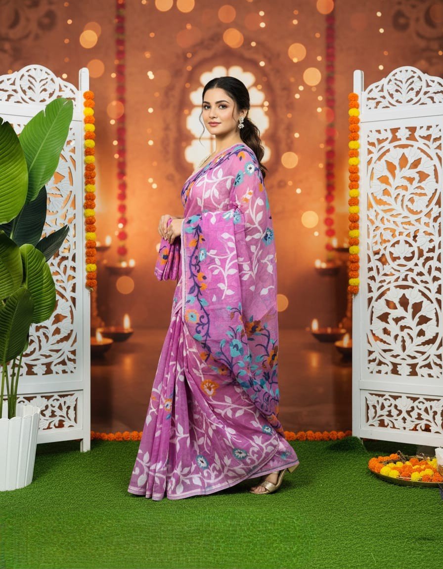Lota Pata Soft Dhakai Jamdani Saree with Blouse Piece - Light Plum