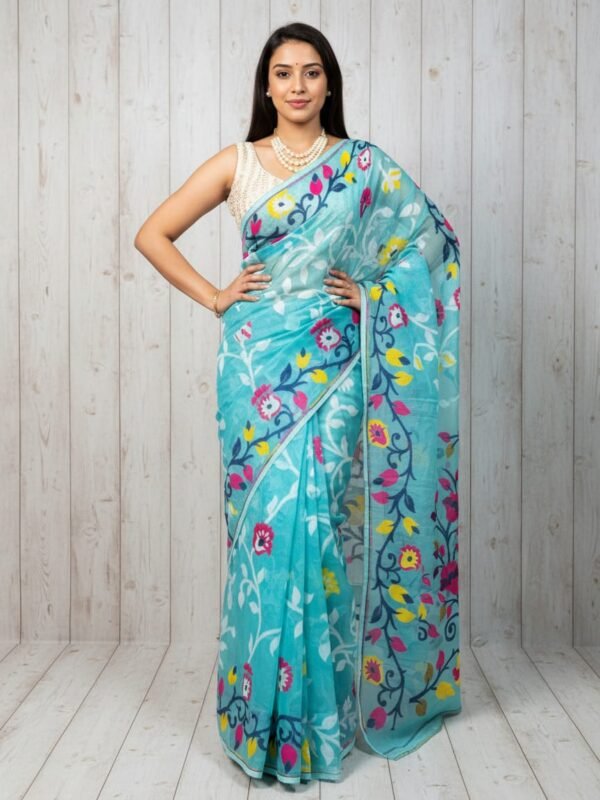 Lota Pata Soft Dhakai Jamdani Saree with Blouse Piece - Light Sea Green